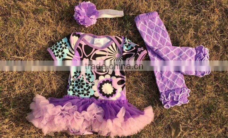 2015 new purple flower baby romper tutu romper dress with matching headband and leg warmer