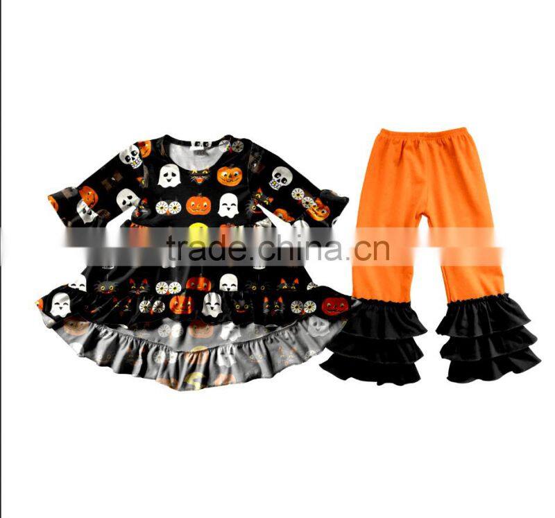 Fall Boutique Remakes Girls Clothing 2017 Trendy Kids Halloween Orange Ruffled Pants Outfits Sets