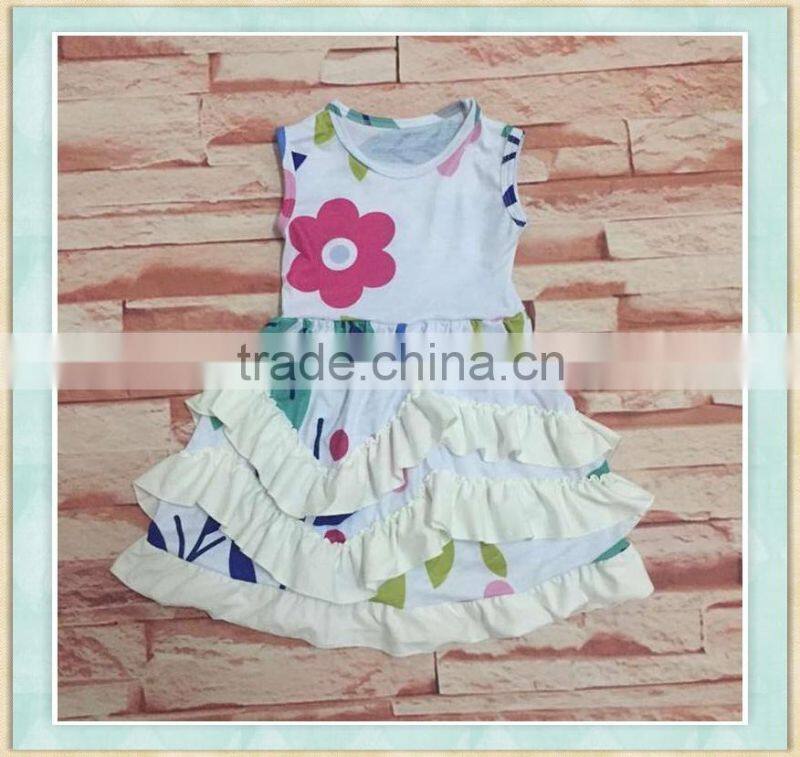 Hot sale 2017 summer latest long skirt design children's cartoon flowers pattern boutique clothing girl sleeveless dress