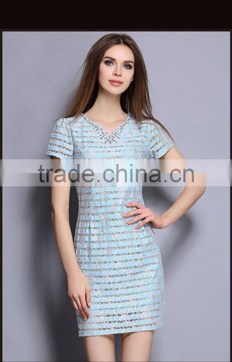Ladies light blue diamante lace hollowed-out sexy V-neck tight dress
