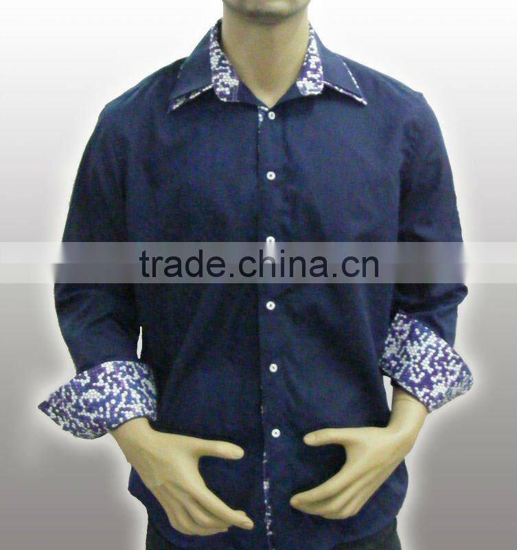 100%Organic cotton High quality Fancy dark blue men shirt with Double collar and Embroidered logo