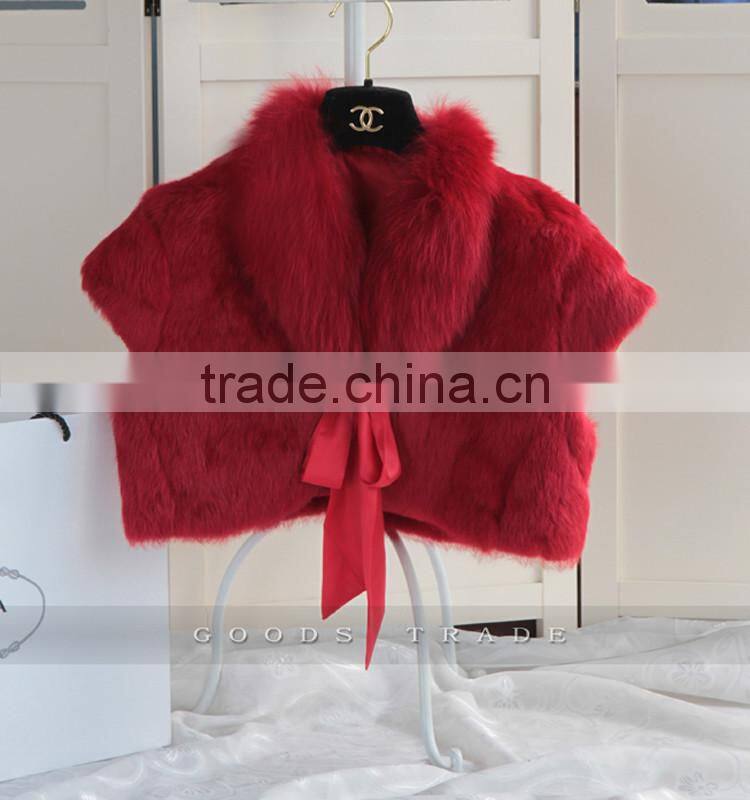 SJ131-01 Rabbit Fur with Fox Trimming Beautiful Bride White Wedding Shawls