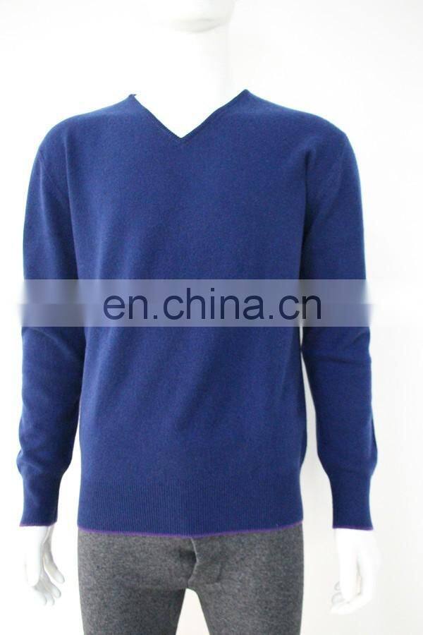 High Quality 12GG casual men's v-neck 100% cashmere sweater with elbow patches