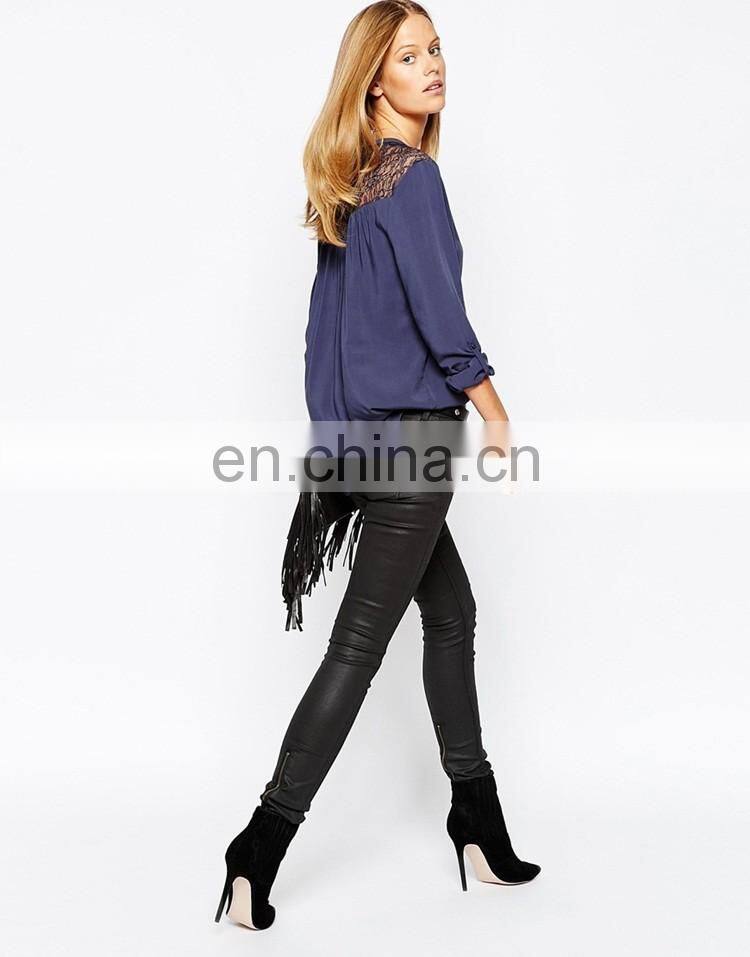 Latest fashion design model simple Lace Insert Blouse