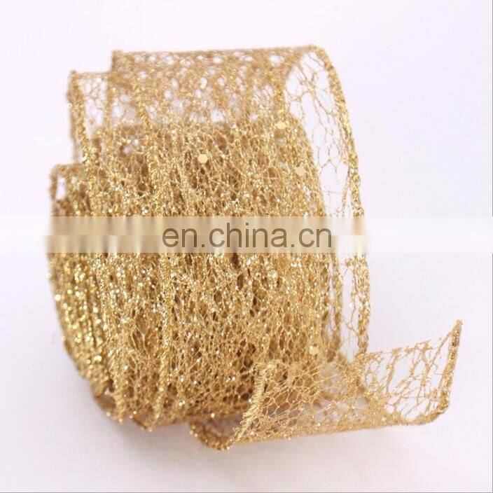 Polyester Grid Red and Gold Grosgrain and Satin Ribbon Christmas Decoration DIY Handmade Materials