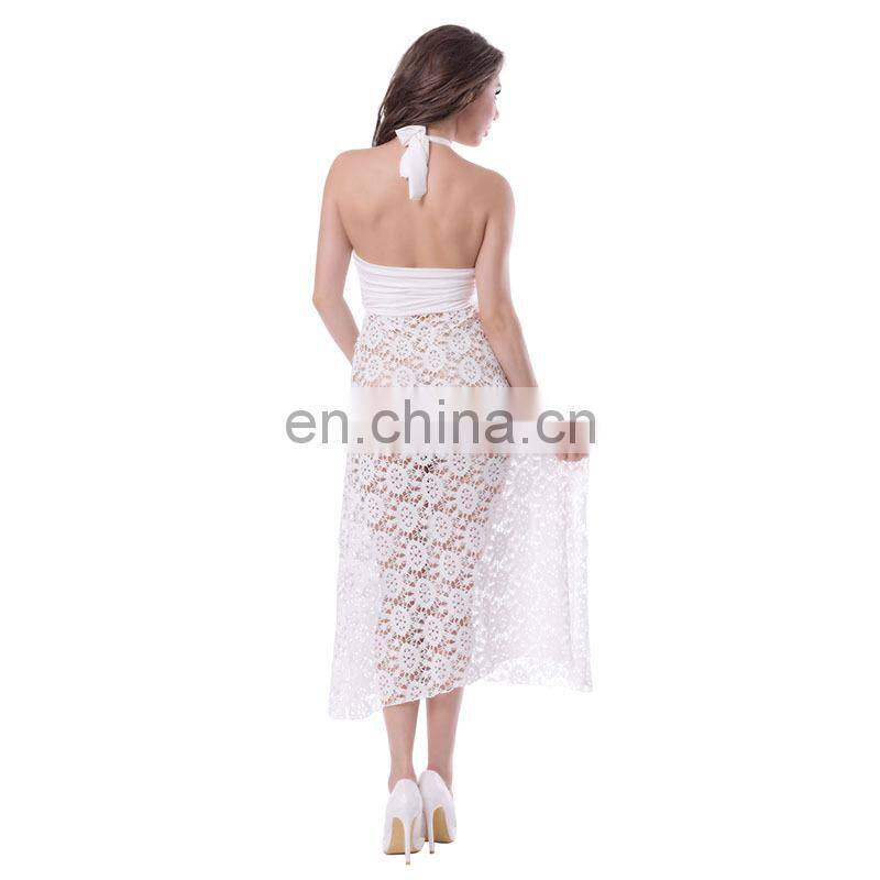 Latest design halter crochet white summer long beach dress