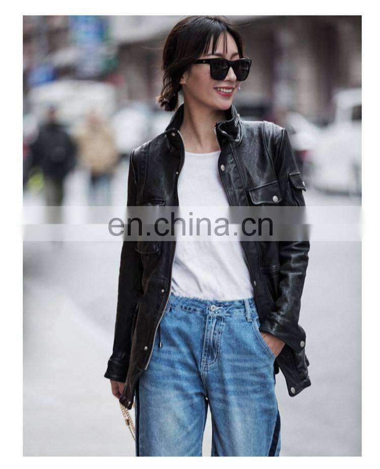 High Quality Popular Young Women Real Sheep Leather Garment Spring Ladies Long Black Coat