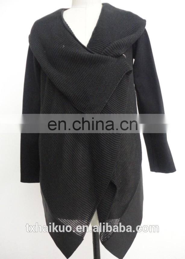 Ladies irregular knitted collar causal leather coat