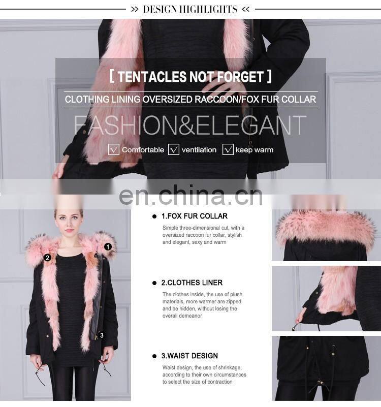 Women hooded pink real fox fur parka with army green shell material