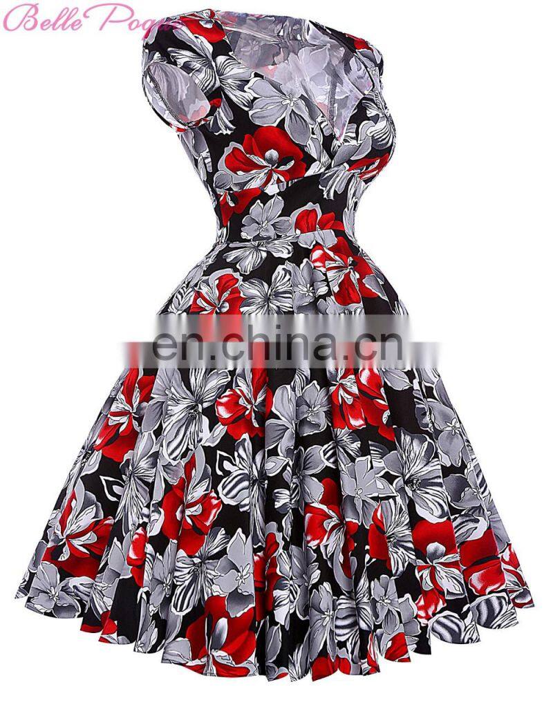 Belle Poque Stock Cap Sleeve V-Neck 17 Patterns Cotton Vintage Retro 50s Dress BP000001-4