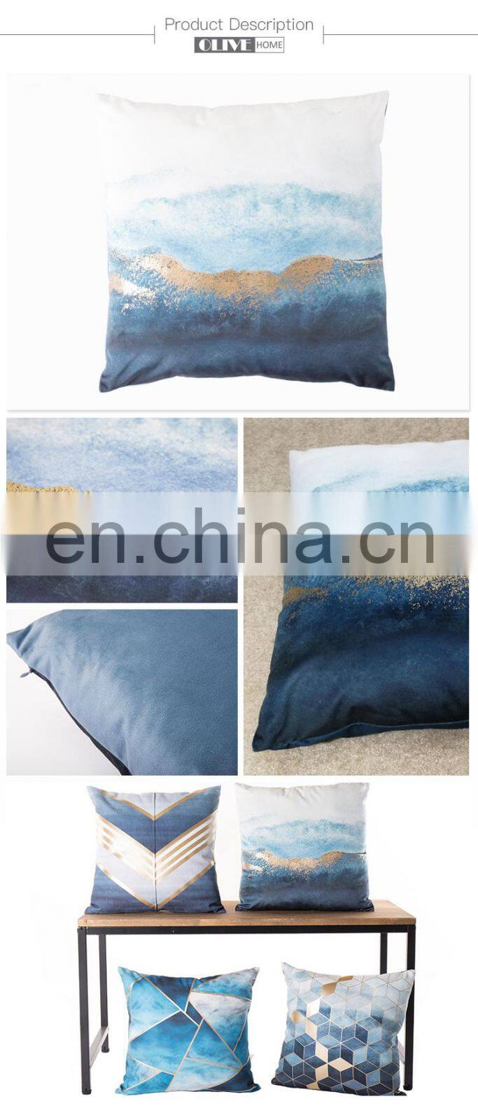 2018 New Chinese Style Gouache Paint Photo Printed Velvet Cushion Cover With Gold Stamping