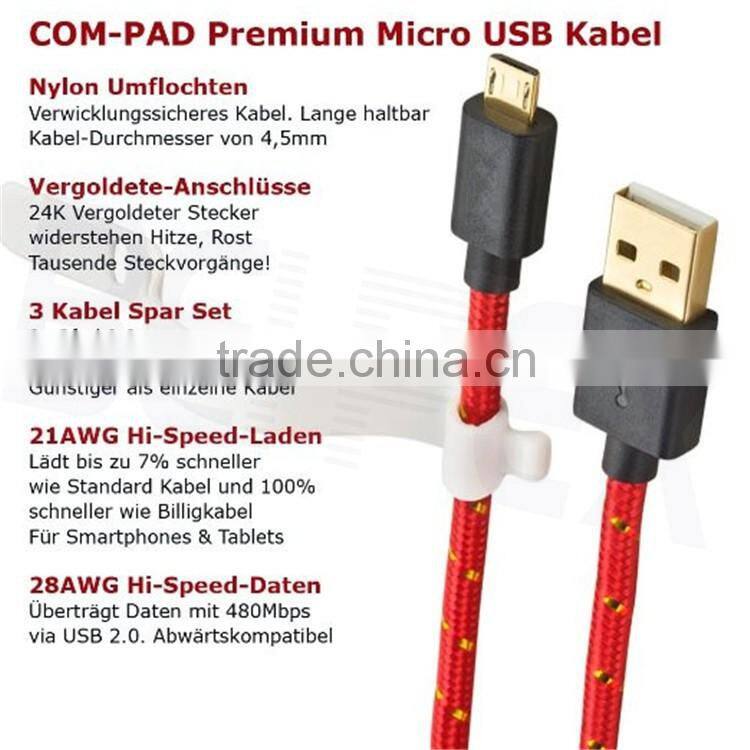 Nylon Gold Plated Micro USB Data Terminal Connector Cable