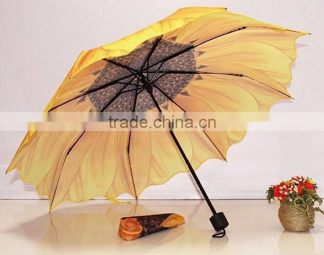 Unique design manual open 3 fold sunflower umbrella