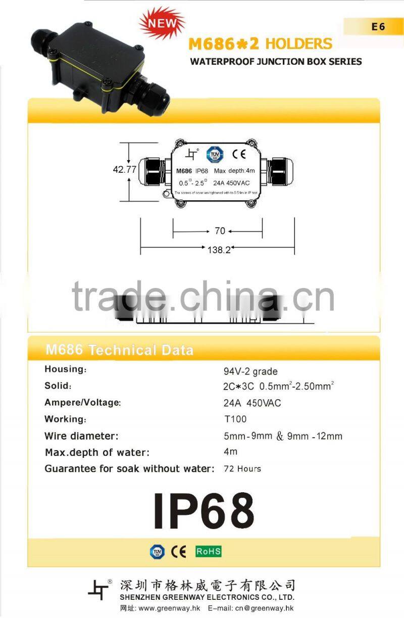 ip68 grade 3pin 2 way submersible junction box with tuv