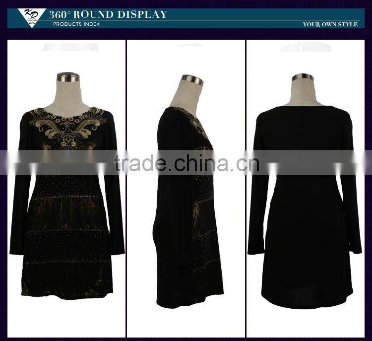 latest new design fashion scoop neck unique studded pattern tiered stud front pleating women dress