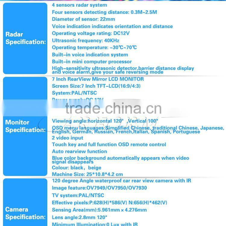 China factory wholesale bluetooth handsfree car kit with parking sensor backup rearview camera