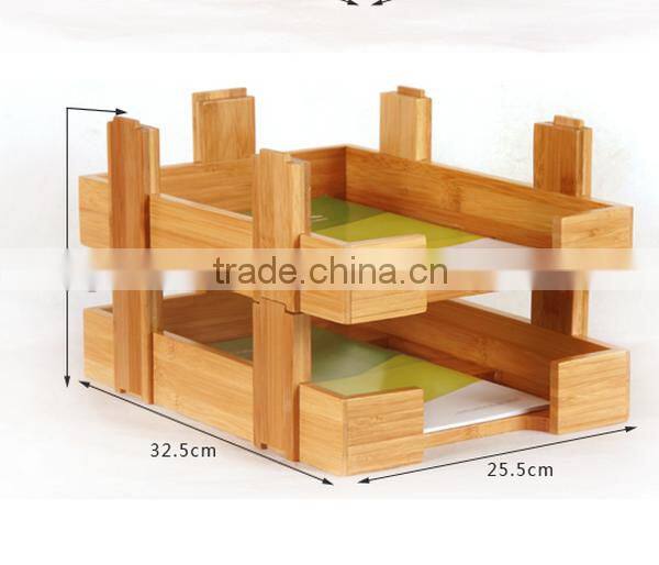 Stackable three layers bamboo office file rack