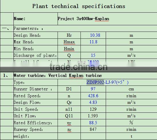 High efficiency hydropower water turbina price /400kw Kaplan water turbine/Hydropower plant