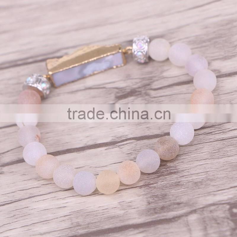 Gold Plated Natural Rectangle Agate Druzy Gemstone Bracelet, with 8mm Frosted Agate Beaded Bracelets Jewelry