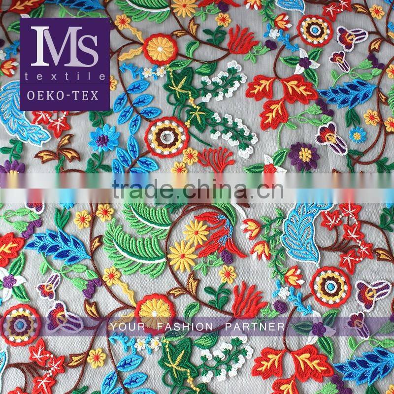 Black net Polyester dress making lace fabric with 3D maple leave design / Good price