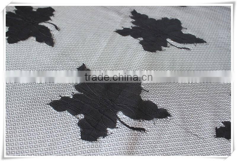 Black net Polyester dress making lace fabric with 3D maple leave design / Good price
