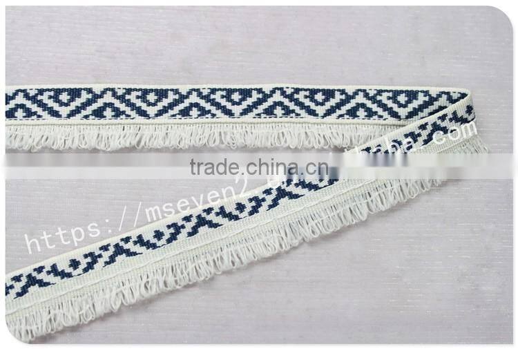 Newest design polyester 2 cm width ethnic woven webbing with fringe
