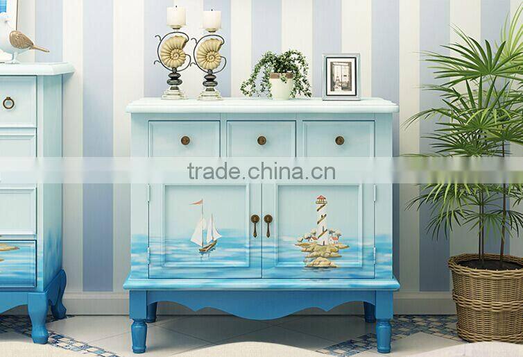 Mediterranean Style Storage Cabinet, Sailing Boat Handpainting Living Room Cabinet, Pastoral Solid Wood Cabinet (BF01-X1149)
