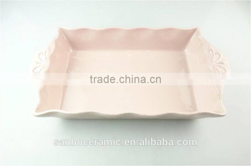 Stocklot light glaze rectangular shape ceramic bakeware with handles