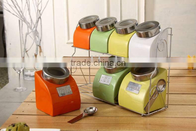 durable ceramic canister set with metal stand & spoon