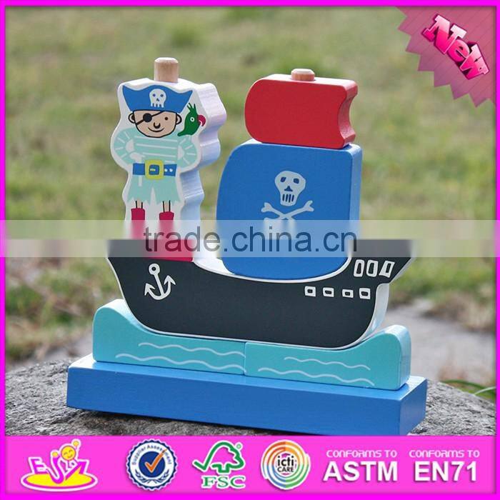 2017 new design pirate boat shape wooden stacking toys for 1 year old W13D134