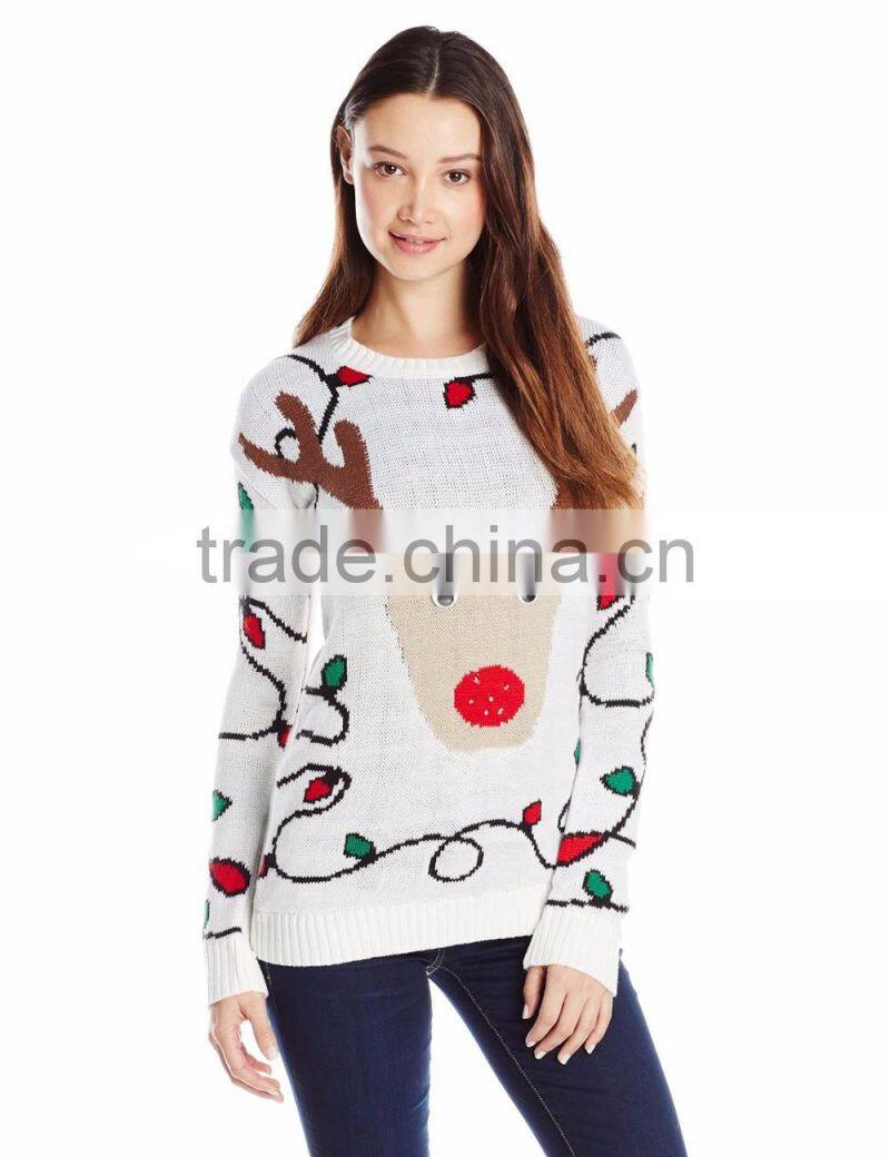 Women Whited Sweater Light Reindeer Design Pattern Christmas Sweater With Light