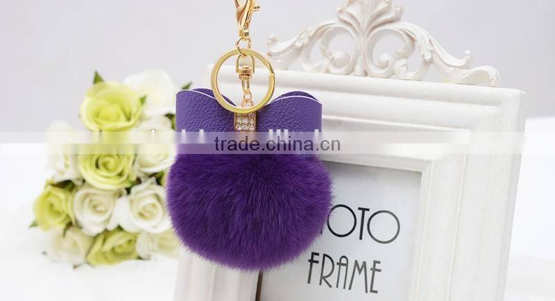 Sweety cute koreal style rex rabbit fur balls keychain with bowknot leather keychain