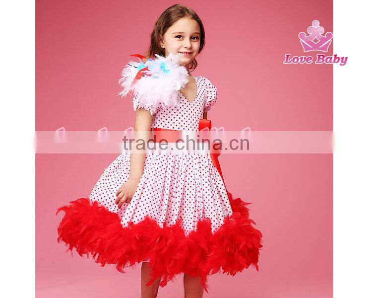 Fashion Red Polk Dot Dress Feather on Shoulder Wedding Tutu Dress for Child Girls