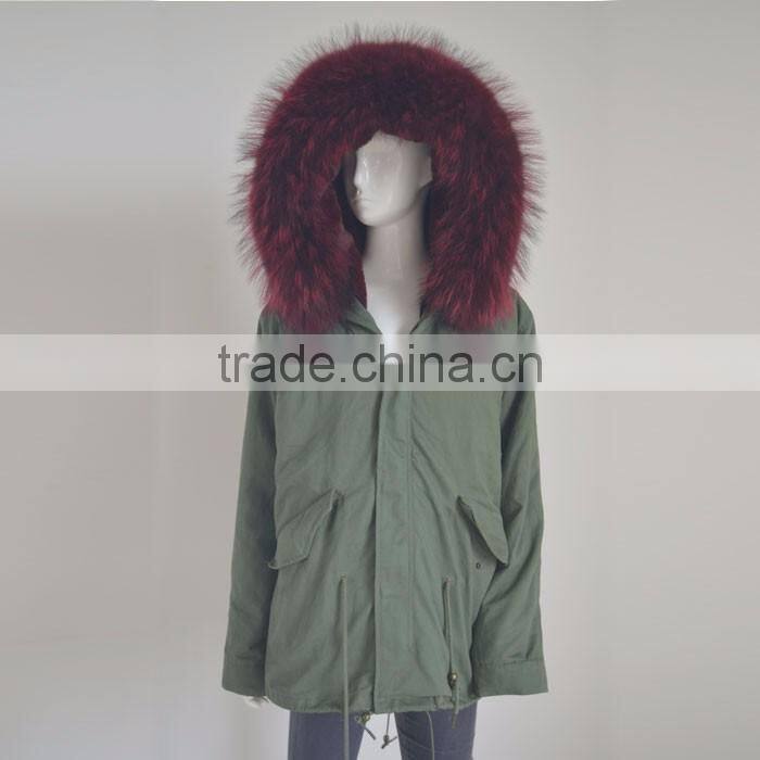 Myfur Latest Purplish Red Real Raccoon Fur Hood Faux Fur Lining Parka Wholesale