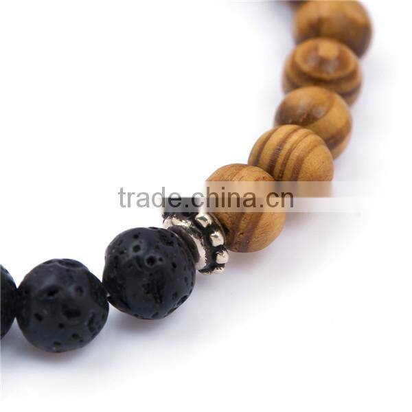 Stone Lava Wood Beaded Healing Bracelet Antique Silver Gear Black & Brown Elastic 23.5cm long