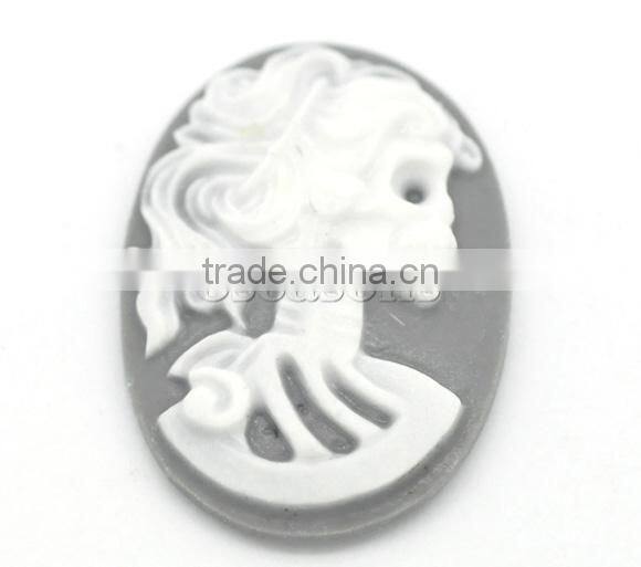Wholesale Gray Resin Halloween Skull Pattern Oval Cameo 25x18mm(1"x3/4"), sold per packet of 50