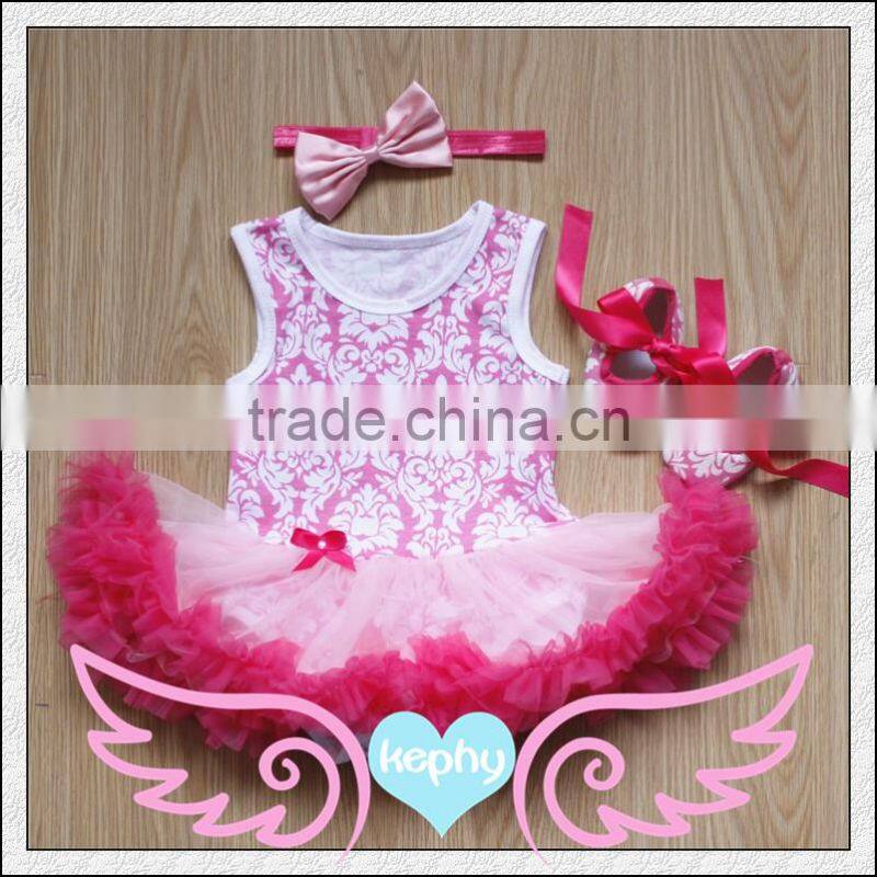 Light Pink Damask Baby Pettiskirt Tutu White Top Set 0-12Month