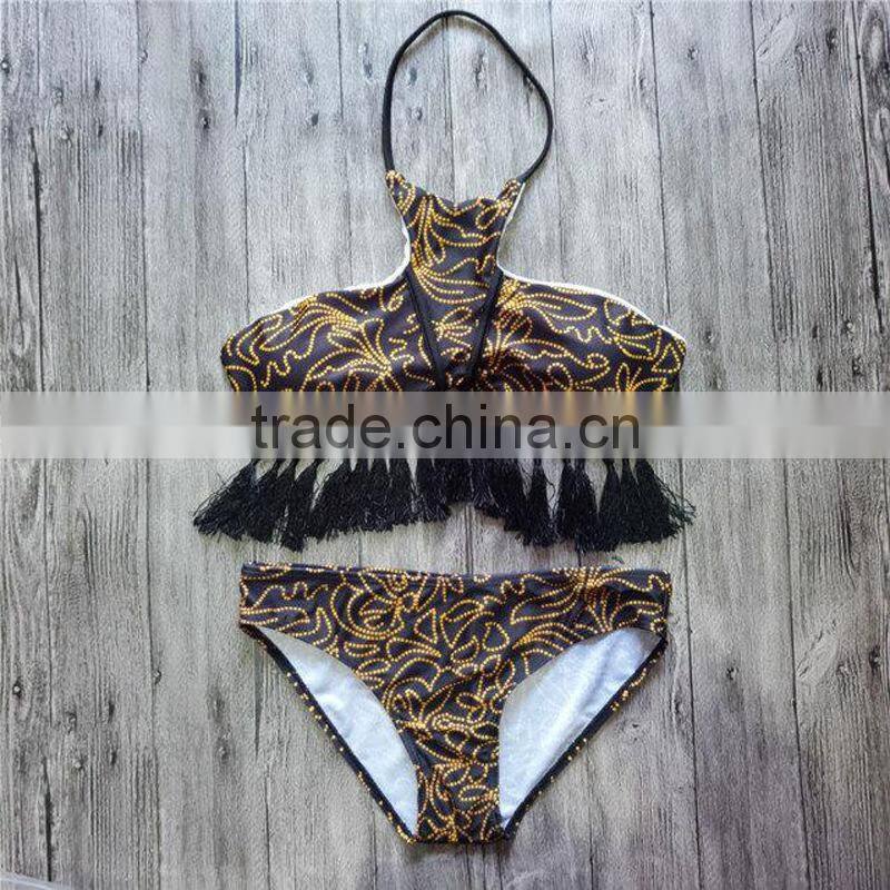gray tassel leaves swimwear bikini/ latest fashion green vintage tassel bikini swimwear