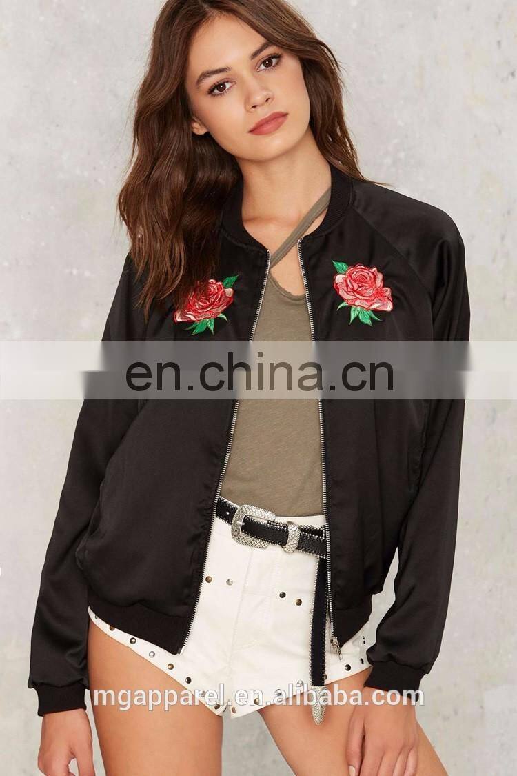 2017 Custom Wholesale Rose Embroidered Satin Bomber Jacket Women