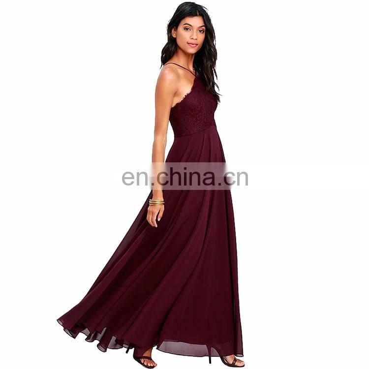 Elegant Strap Lace Bodice Burgundy Maxi Chiffon Lady Dresses Women's Wholesale Long Evening Dress