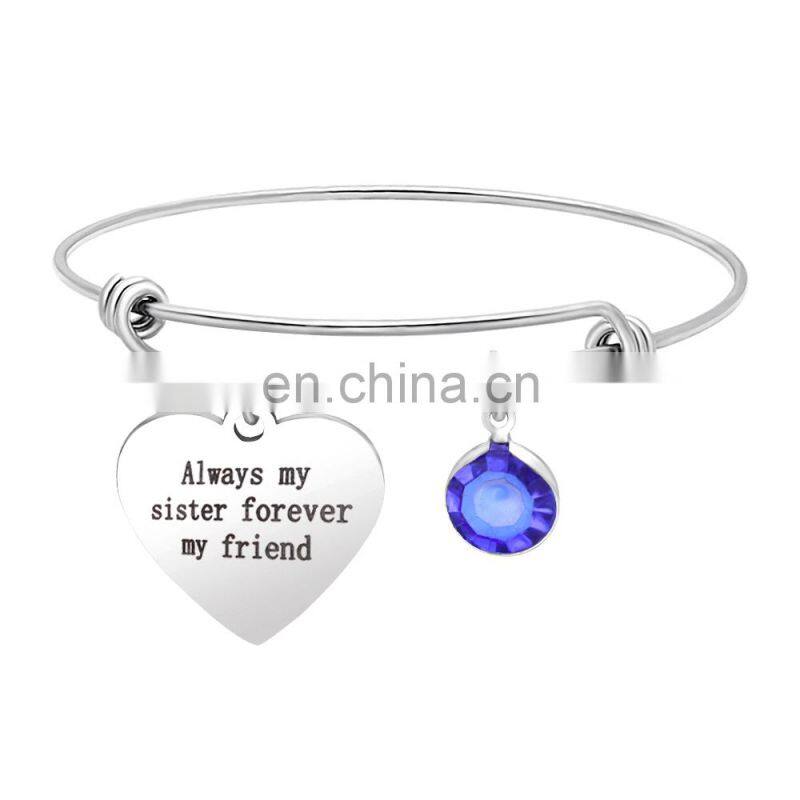 Newest Fashion heart Steel engraved any words bangle adjustable birthstone charm bracelet