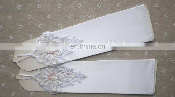 Pretty and Elegant Long Finerless Wedding Gloves White & Ivory Appliqued with Sequins& Ruffles Pearl Beaded satin Bridal Gloves