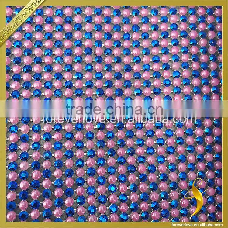 Blue hot fix rhinestone sheets pink pear beads trimming rhinestone mesh FRM-162