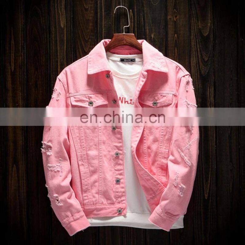 Custom men's denim jacket trendy fashion hip-hop streetwear ripped denim men's motorcycle jacket bomber jacket