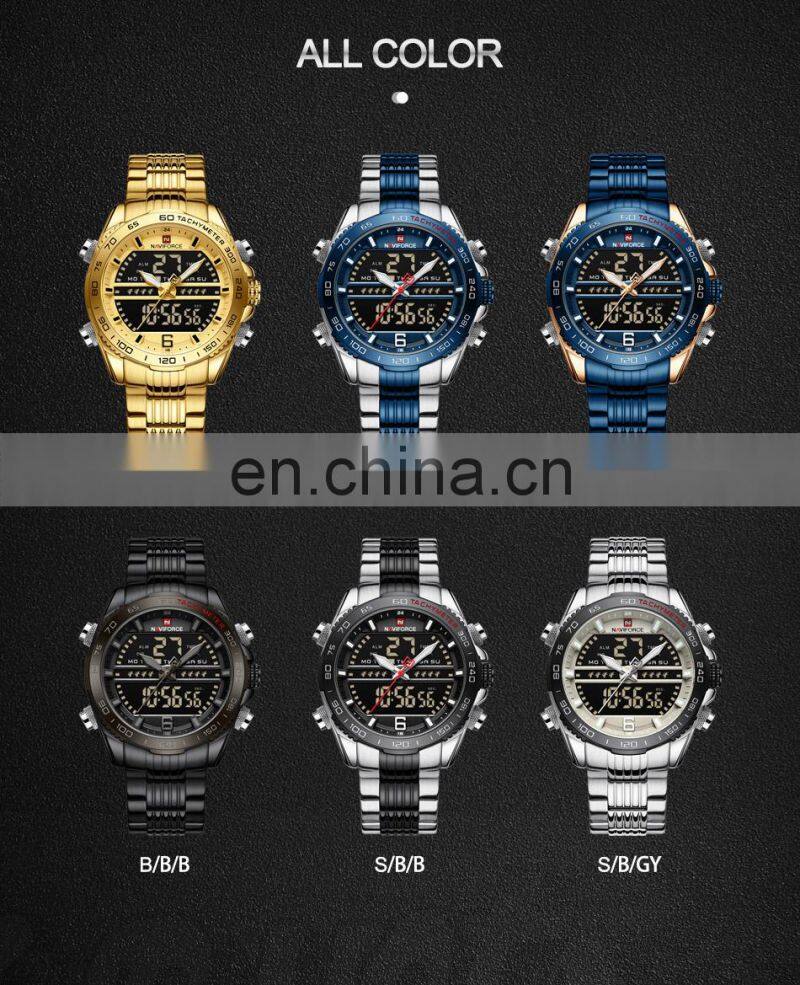 NAVIFORCE 9195 Luxury Brand Digital Sport Watch Men Steel Band Waterproof Chronograph Alarm Clock Luminous Quartz Wristwatch
