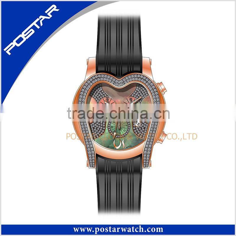 Heart-Shaped High Quality 3 Sub-Dial Stainless Steel Watch with Silicone Strap