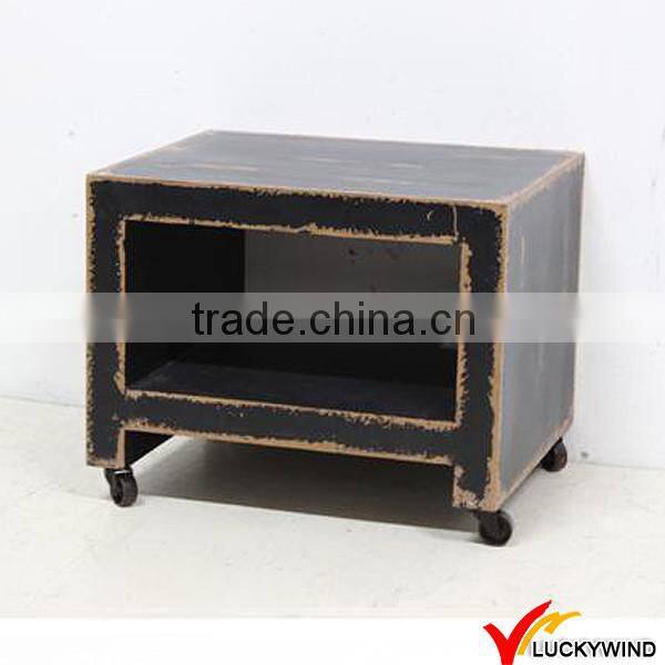 Distressed Black Solid Wood Bedside Table with Wheels