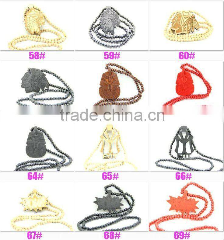 Hip Hop Face Wooden Beaded Pendant 36" Chain Necklace
