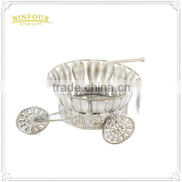 Silver iron race track wheelbarrow shaped planter holder