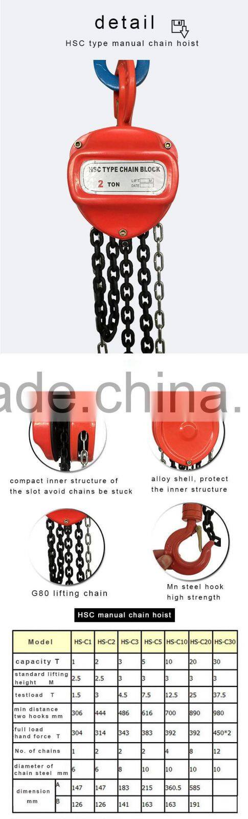 heavy duty HSC chain hoist 30TON manual chain hoist, small size hand chain hoist block